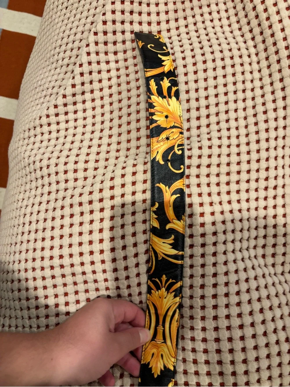 Versace Gold Medusa Buckle Black Ribbon Belt with Baroque Motif